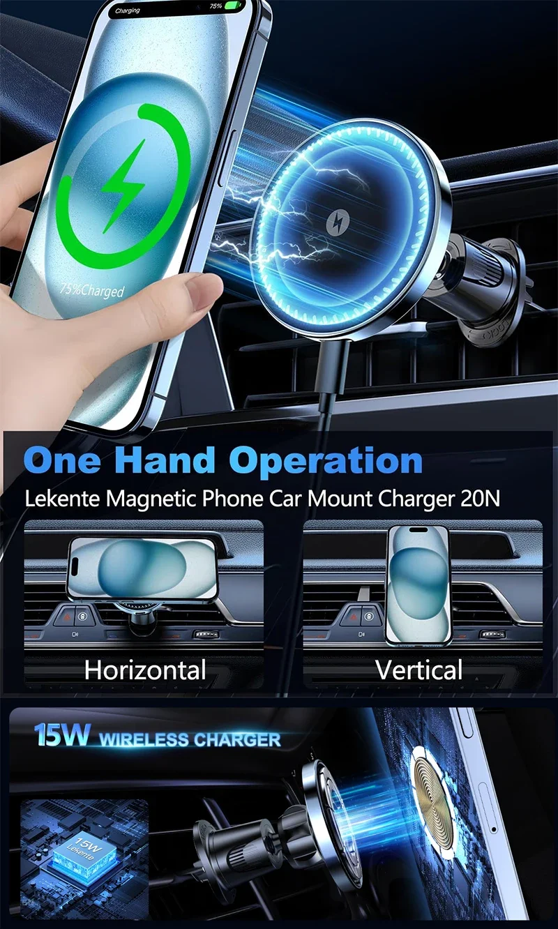 UYUXIO 15W Fast Charging Magnetic Wireless Car Charger Air Vent Car Mount Phone Holder for iPhone 17 16 15 14 13 Pro Max 12