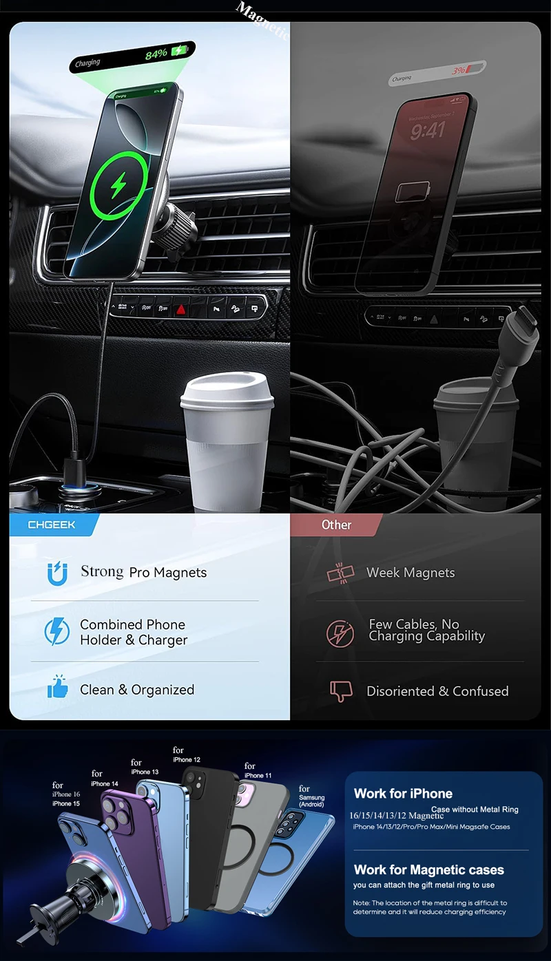 UYUXIO 15W Fast Charging Magnetic Wireless Car Charger Air Vent Car Mount Phone Holder for iPhone 17 16 15 14 13 Pro Max 12