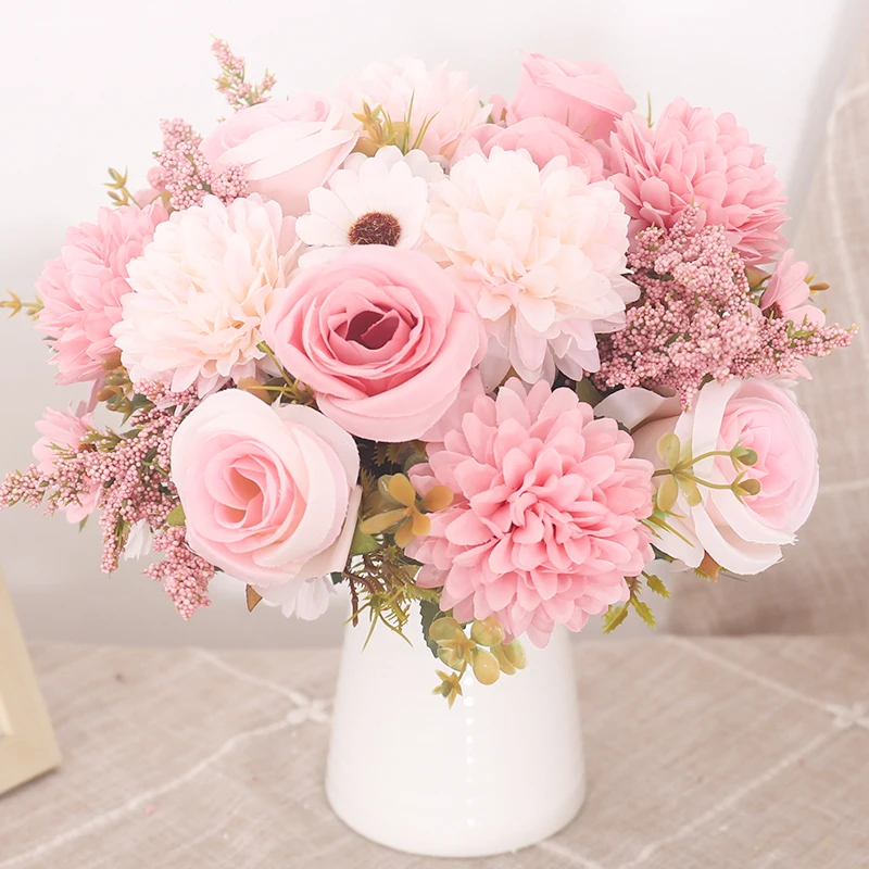 Artificial Flowers Autumn Roses Silk Hydrangea Daisies Home Table Bouquet Decoration Wedding Bridal Christmas Fake Flower Decor
