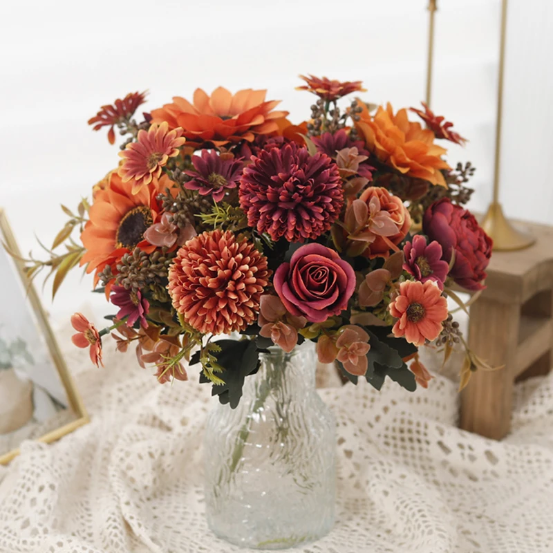 Artificial Flowers Autumn Roses Silk Hydrangea Daisies Home Table Bouquet Decoration Wedding Bridal Christmas Fake Flower Decor
