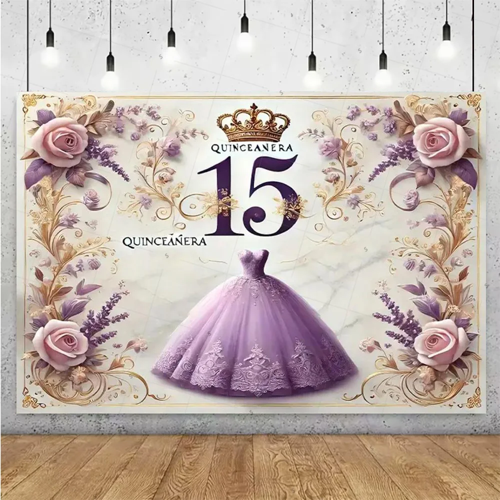 Sweet 15th Princess Birthday Party Decoration Girl Dress Backdrop Supplies Glitter Crown Floral Background Photography Props
