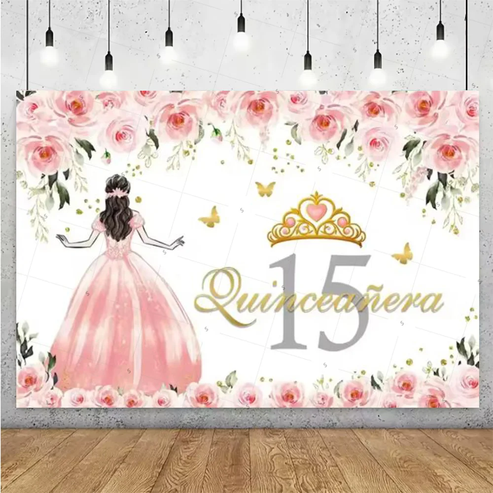 Sweet 15th Princess Birthday Party Decoration Girl Dress Backdrop Supplies Glitter Crown Floral Background Photography Props