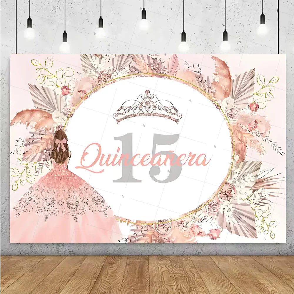Sweet 15th Princess Birthday Party Decoration Girl Dress Backdrop Supplies Glitter Crown Floral Background Photography Props