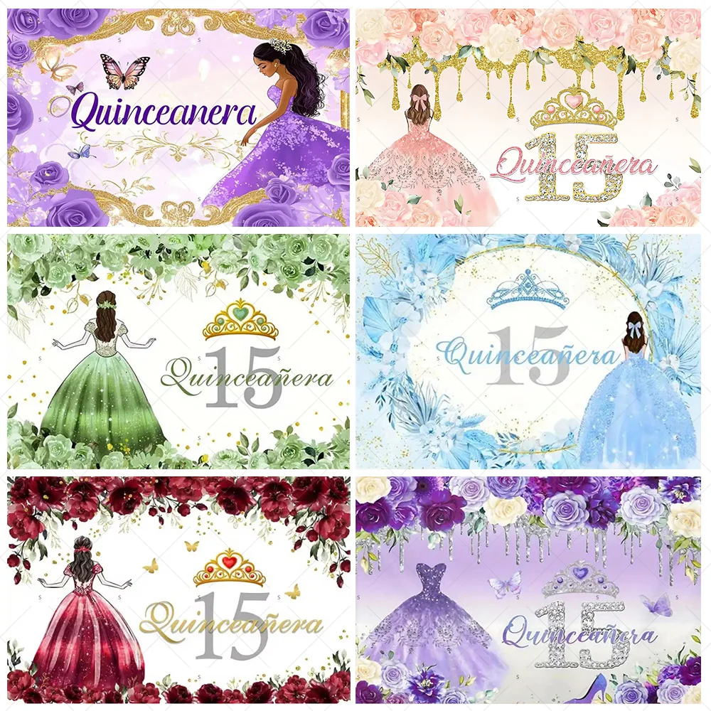 Sweet 15th Princess Birthday Party Decoration Girl Dress Backdrop Supplies Glitter Crown Floral Background Photography Props