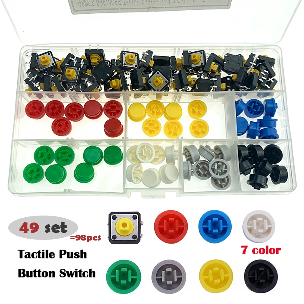 49set Tactile Push Button Switch Momentary 12*12*7.3mm Micro Switch Button With Knob Yellow Green Red Kit 98PCS