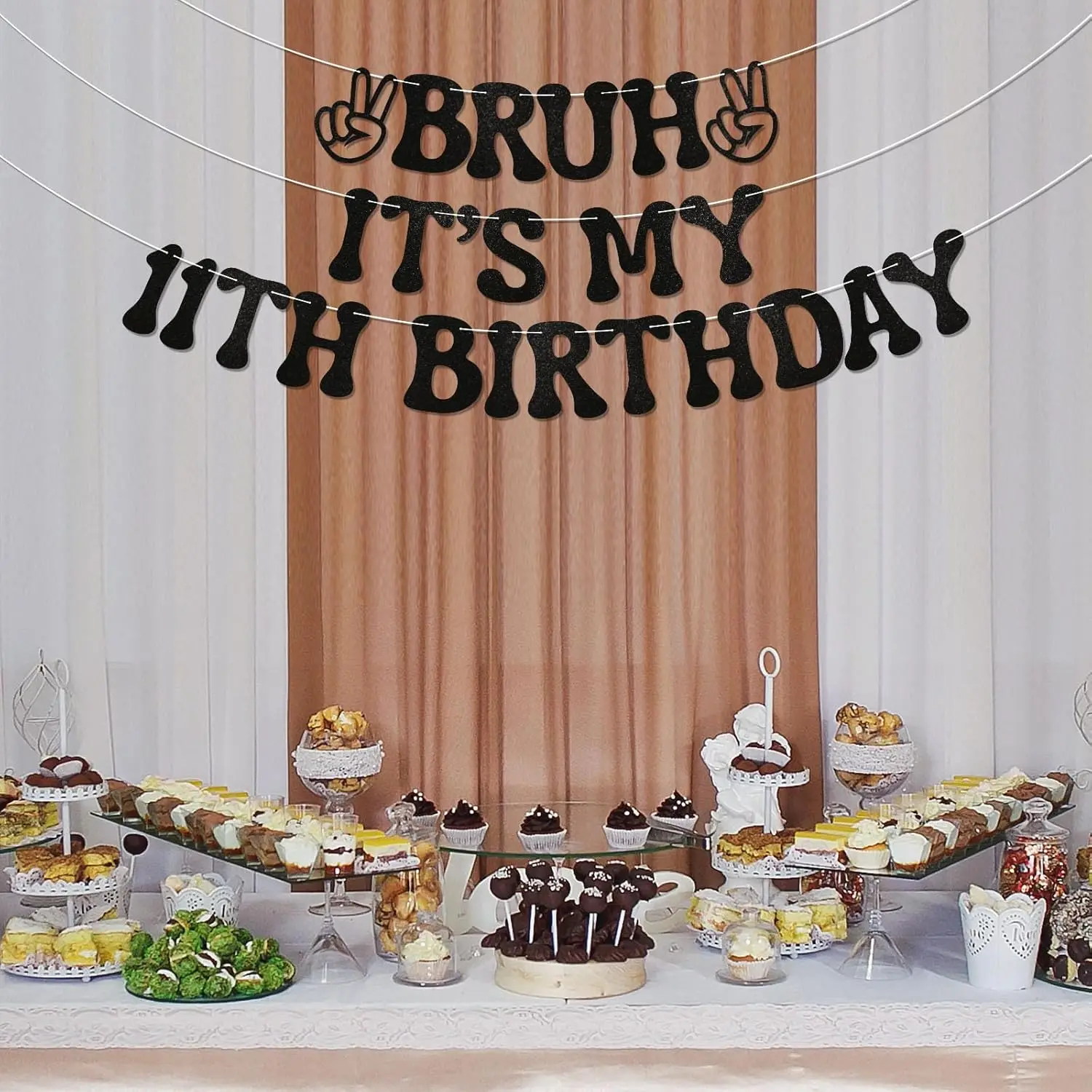 Bruh It's My 11th Birthday Banner - Boy Bday Party Decor, Teen Boy Party Sign, Funny 11th Bruh Birthday Bunting Black Glitter Pa