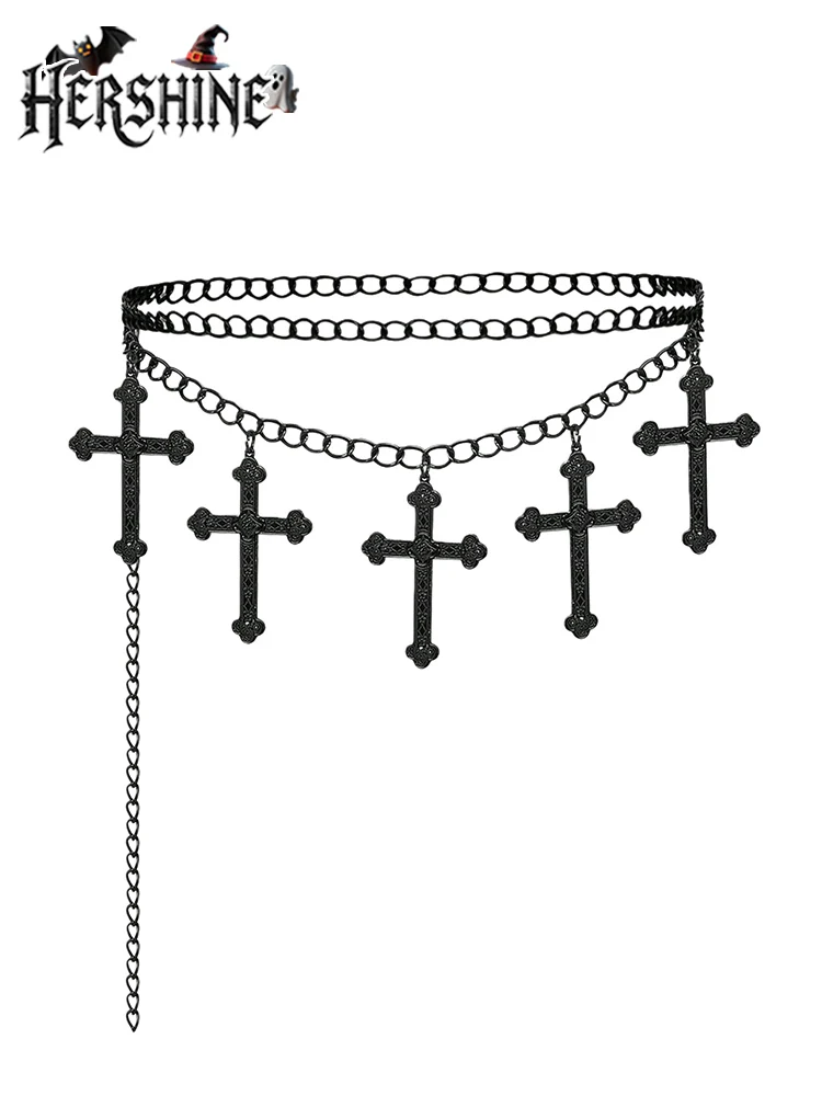 HERSHINE Women's Black Fashion Cross Double Layer Waist Chain, Y2K Gothic Retro Harajuku Punk Style Cosplay,spring,summer