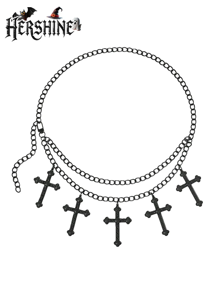 HERSHINE Women's Black Fashion Cross Double Layer Waist Chain, Y2K Gothic Retro Harajuku Punk Style Cosplay,spring,summer