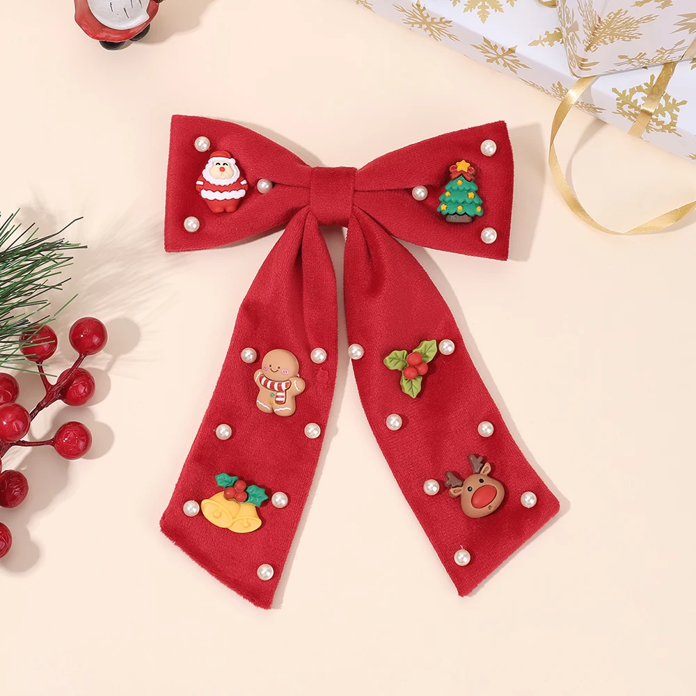 Kids Christmas Rhinestone Bow Hair Clip Cute Santa Claus Cartoon Reindeer Hairpins For Girls New Year Decor Accessories Gift