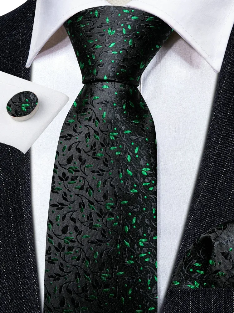 Luxury Mens Ties Set Black Green Leaves Floral Neck Tie Handkerchief Cufflinks Set Wedding Business Party
