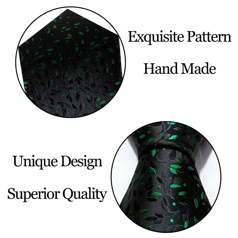 Luxury Mens Ties Set Black Green Leaves Floral Neck Tie Handkerchief Cufflinks Set Wedding Business Party