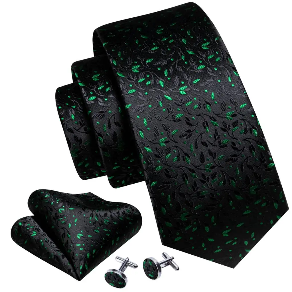 Luxury Mens Ties Set Black Green Leaves Floral Neck Tie Handkerchief Cufflinks Set Wedding Business Party
