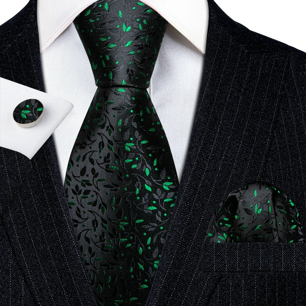 Luxury Mens Ties Set Black Green Leaves Floral Neck Tie Handkerchief Cufflinks Set Wedding Business Party