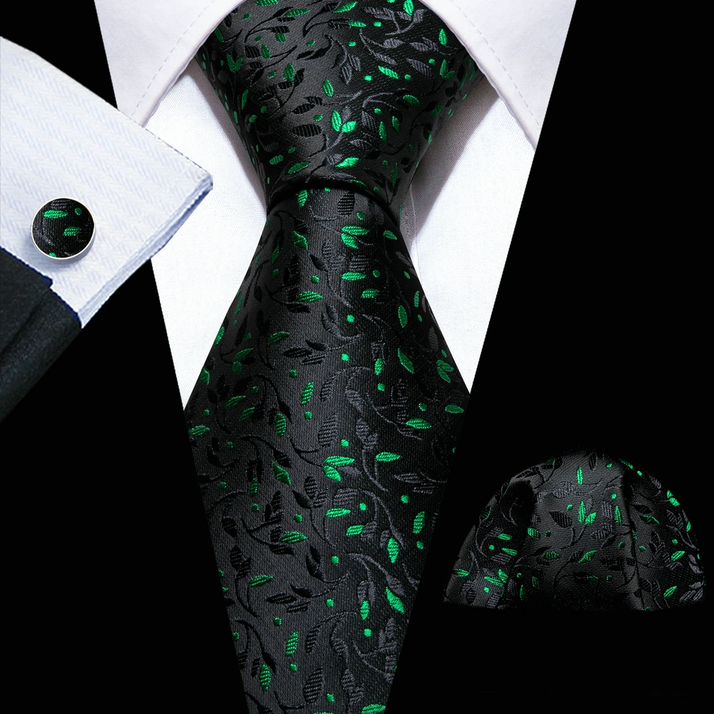 Luxury Mens Ties Set Black Green Leaves Floral Neck Tie Handkerchief Cufflinks Set Wedding Business Party