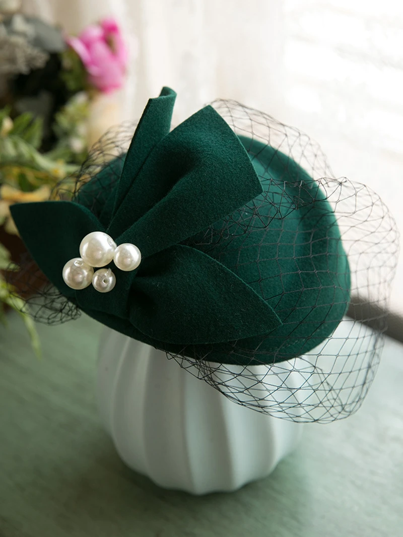 Winter Wool Bow Hat with Veil，Ladies‘ Elegant French Style Party Wedding Bridal Fascinator，Women Vintage Ascot Derby Hat
