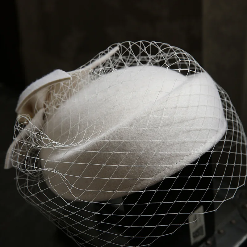 Winter Wool Bow Hat with Veil，Ladies‘ Elegant French Style Party Wedding Bridal Fascinator，Women Vintage Ascot Derby Hat
