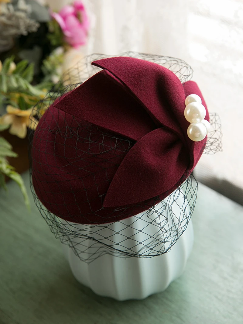 Winter Wool Bow Hat with Veil，Ladies‘ Elegant French Style Party Wedding Bridal Fascinator，Women Vintage Ascot Derby Hat