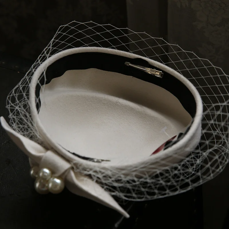 Winter Wool Bow Hat with Veil，Ladies‘ Elegant French Style Party Wedding Bridal Fascinator，Women Vintage Ascot Derby Hat