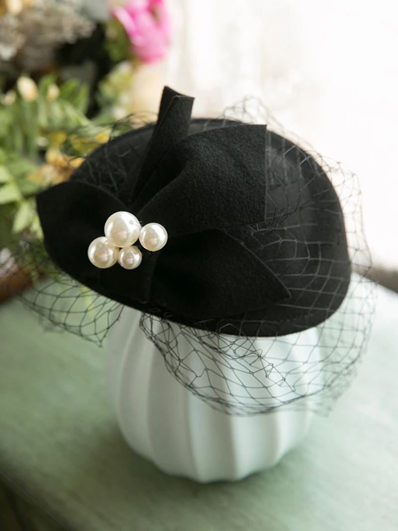 Winter Wool Bow Hat with Veil，Ladies‘ Elegant French Style Party Wedding Bridal Fascinator，Women Vintage Ascot Derby Hat