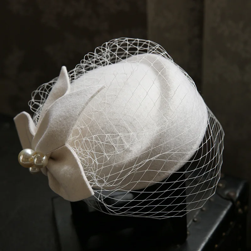 Winter Wool Bow Hat with Veil，Ladies‘ Elegant French Style Party Wedding Bridal Fascinator，Women Vintage Ascot Derby Hat