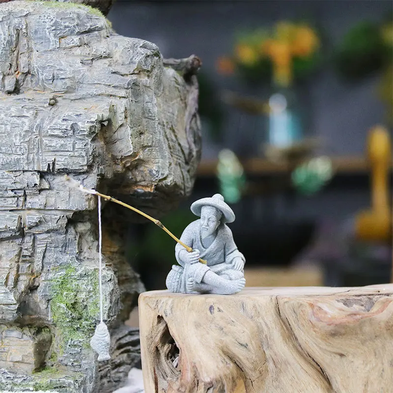 Miniature Old Fisherman Play Chess Sand Stones Figurine Aquarium Ornaments Fairy Garden Bonsai Rockery Lanscape Room Decoration