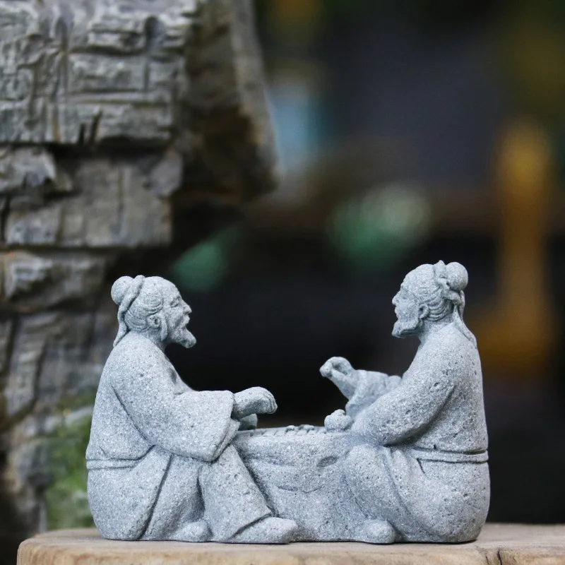 Miniature Old Fisherman Play Chess Sand Stones Figurine Aquarium Ornaments Fairy Garden Bonsai Rockery Lanscape Room Decoration
