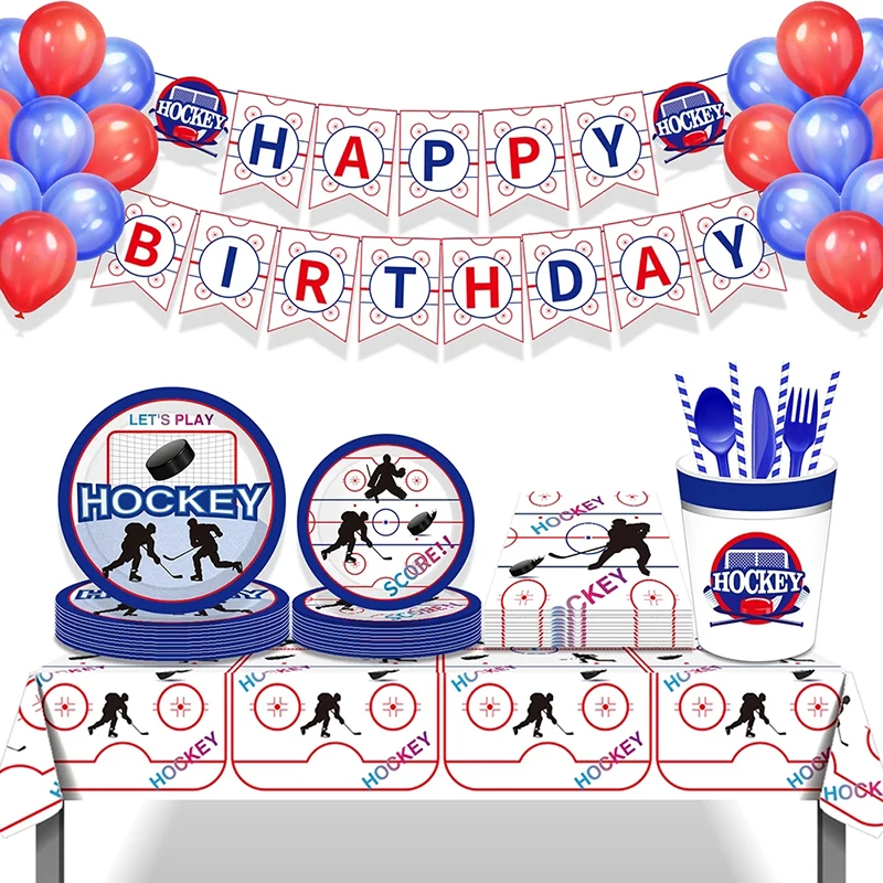 Hockey Themed Birthday Party Decorations Balloons Set Happy Birthday Banner Cake Topper Sports Theme Ice Hockey Party Supplies
