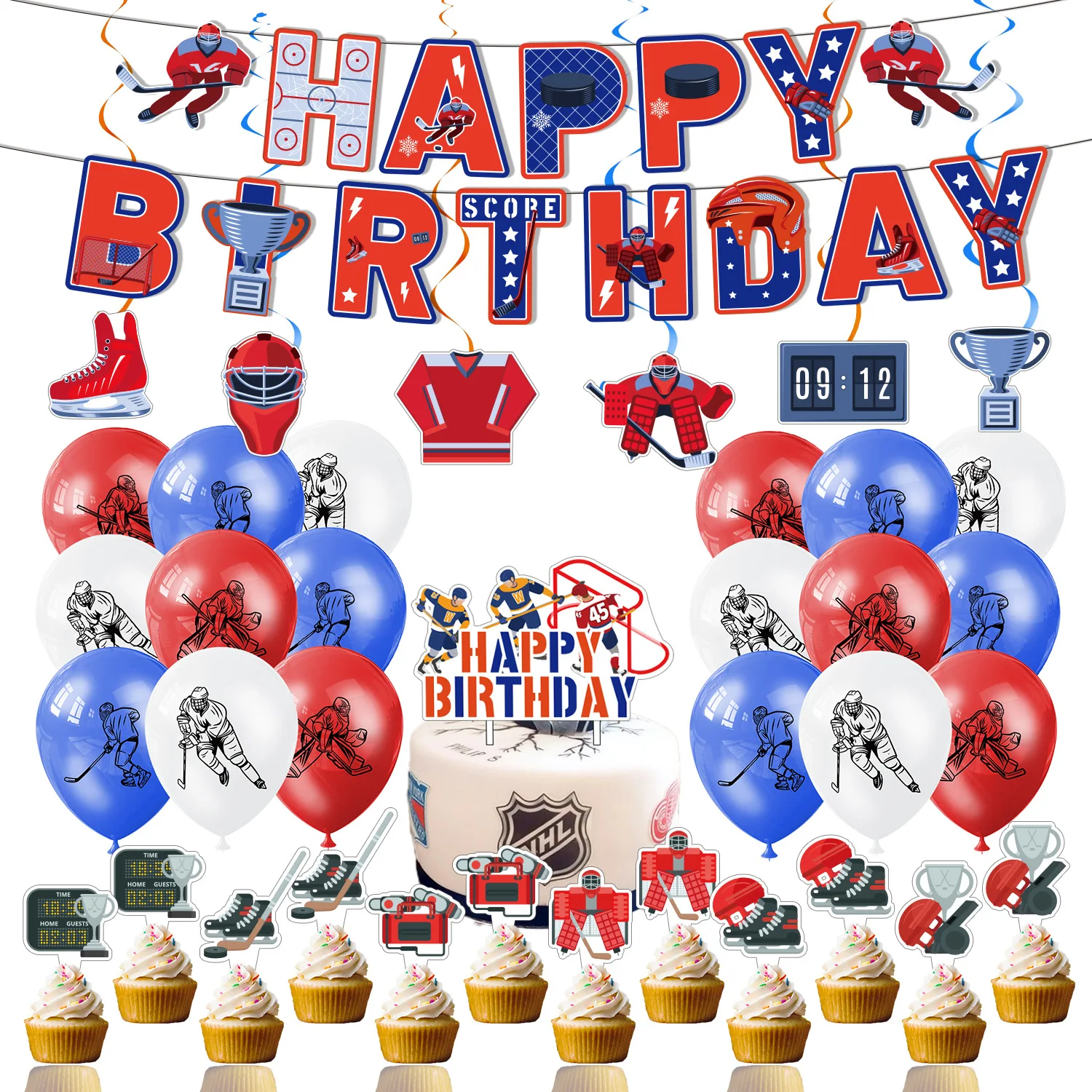 Hockey Themed Birthday Party Decorations Balloons Set Happy Birthday Banner Cake Topper Sports Theme Ice Hockey Party Supplies