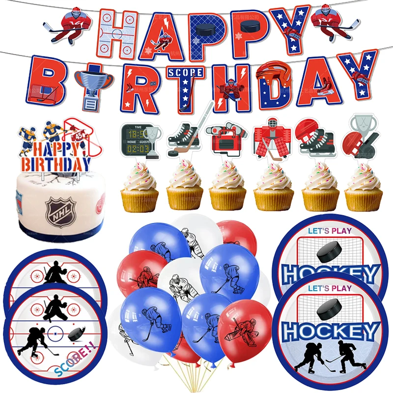 Hockey Themed Birthday Party Decorations Balloons Set Happy Birthday Banner Cake Topper Sports Theme Ice Hockey Party Supplies