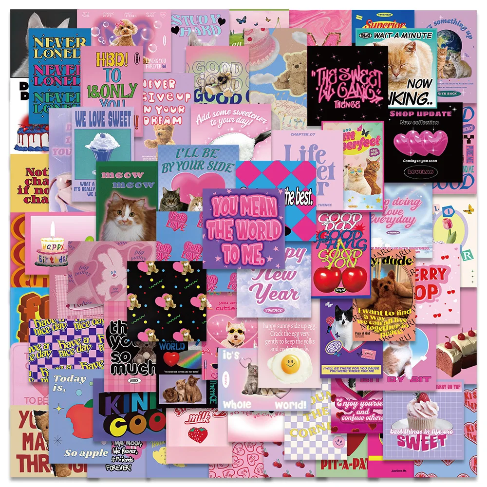 62PCS American Retro Pink Cute Cat Girl Kawaii Cartoon Sticker Car Laptop Scrapbook Planner Decal Stationery Phone Stickers