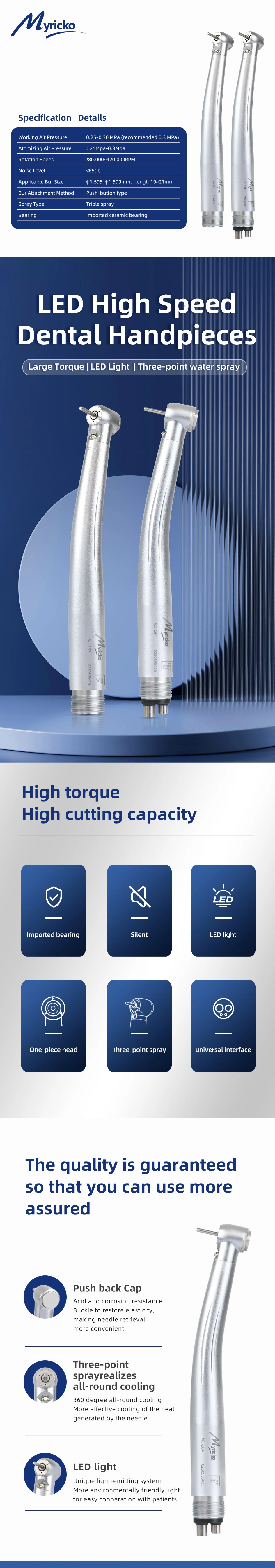 Myricko Dental High Speed LED Handpiece Air Turbine E-generator Dental Handpiece Torque Rotation 2/4Holes for NSK Self-powered