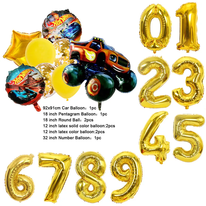 NEW Cartoon Monster Big Wheel Truck Theme Birthday Party Decoration Latex Aluminum Digital Balloon Baby Shower Boy Gift