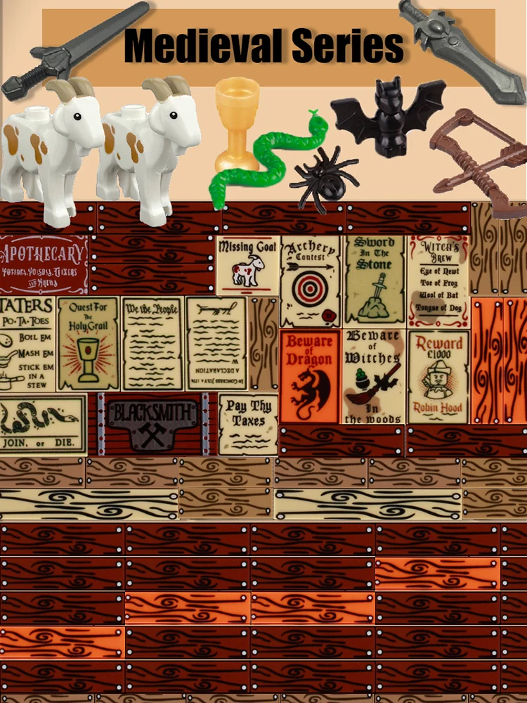 MOC Medieval Military Bulletin Board Rome Road Sign Printed Tiles Goat Animals Middle Age Street View Wood Sword Bricks Toys