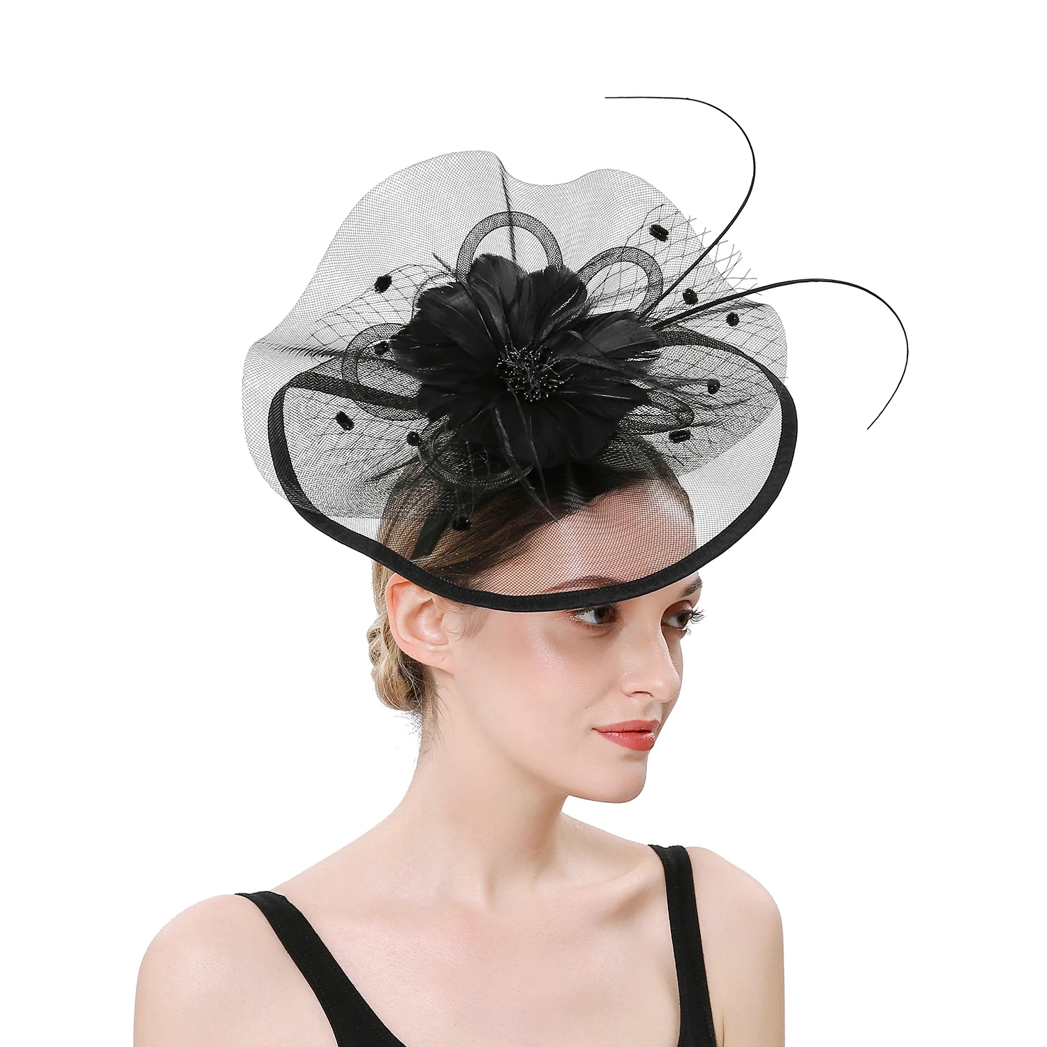 Women Girl Fascinator Hat Alice Headband Hairpin Mesh Hat Feather Cocktail Wedding Kentucky Derby Tea Party Hat Headwear