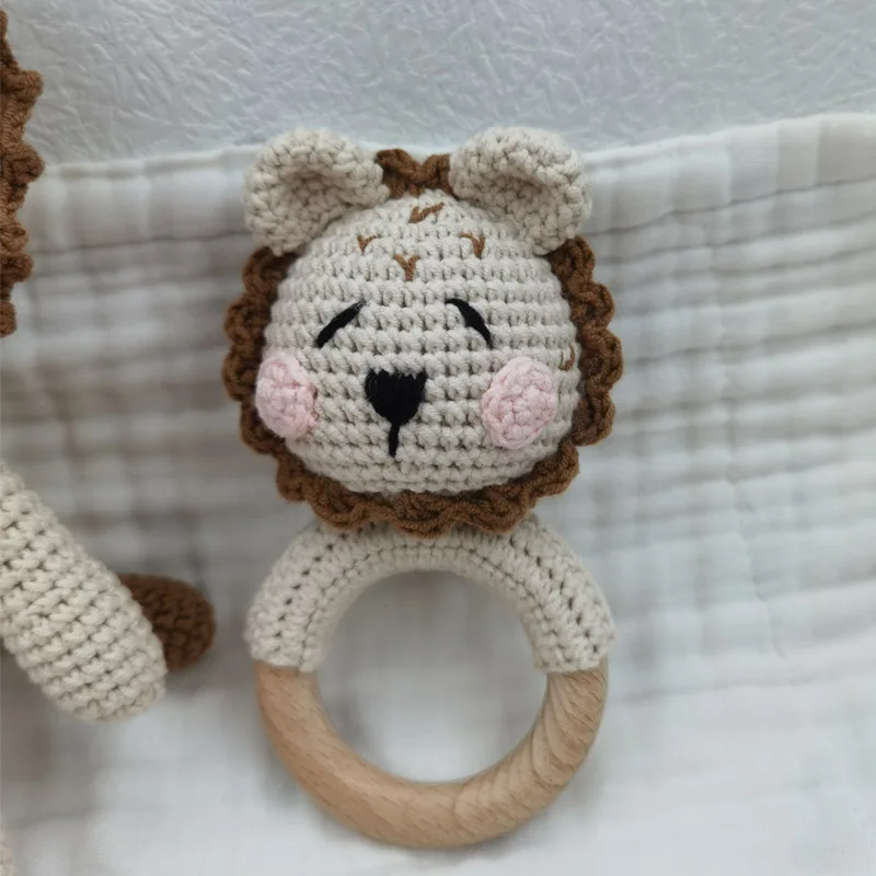 Amigurumi Crochet Lion Baby Teether kawaii Stuffed Animal Doll Beech Wood Newborn Teether Ring Pacifier Clip Baby Birth Gift Box