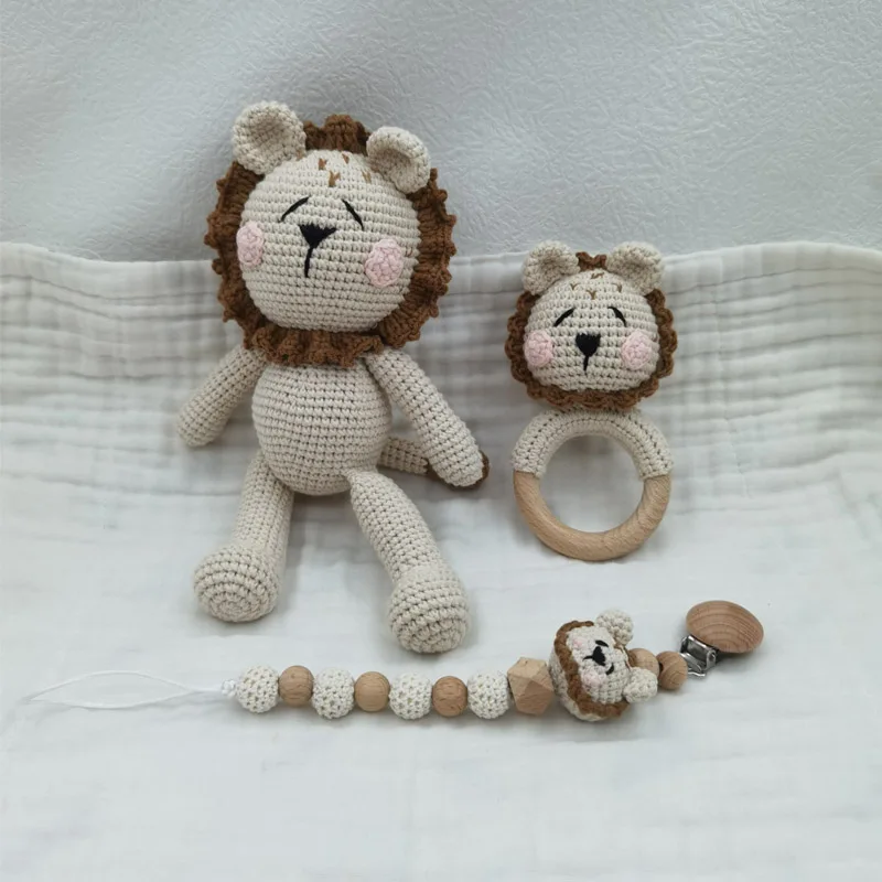 Amigurumi Crochet Lion Baby Teether kawaii Stuffed Animal Doll Beech Wood Newborn Teether Ring Pacifier Clip Baby Birth Gift Box