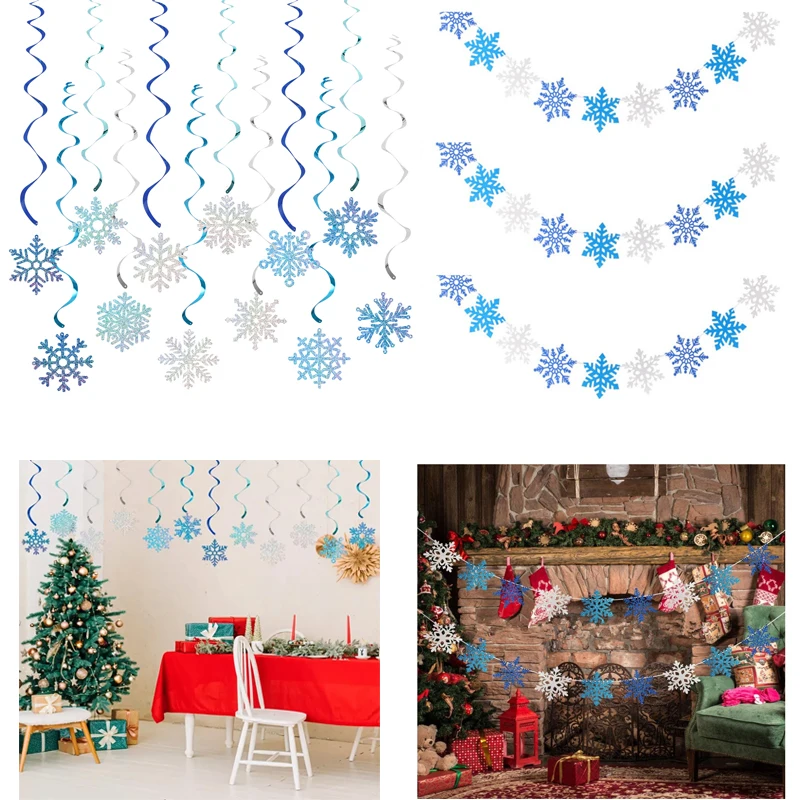 Snowflake Hanging Decorations Birthday Flag Christmas Snowflake Hanging String Winter Carnival Ice Snow Theme Party Background