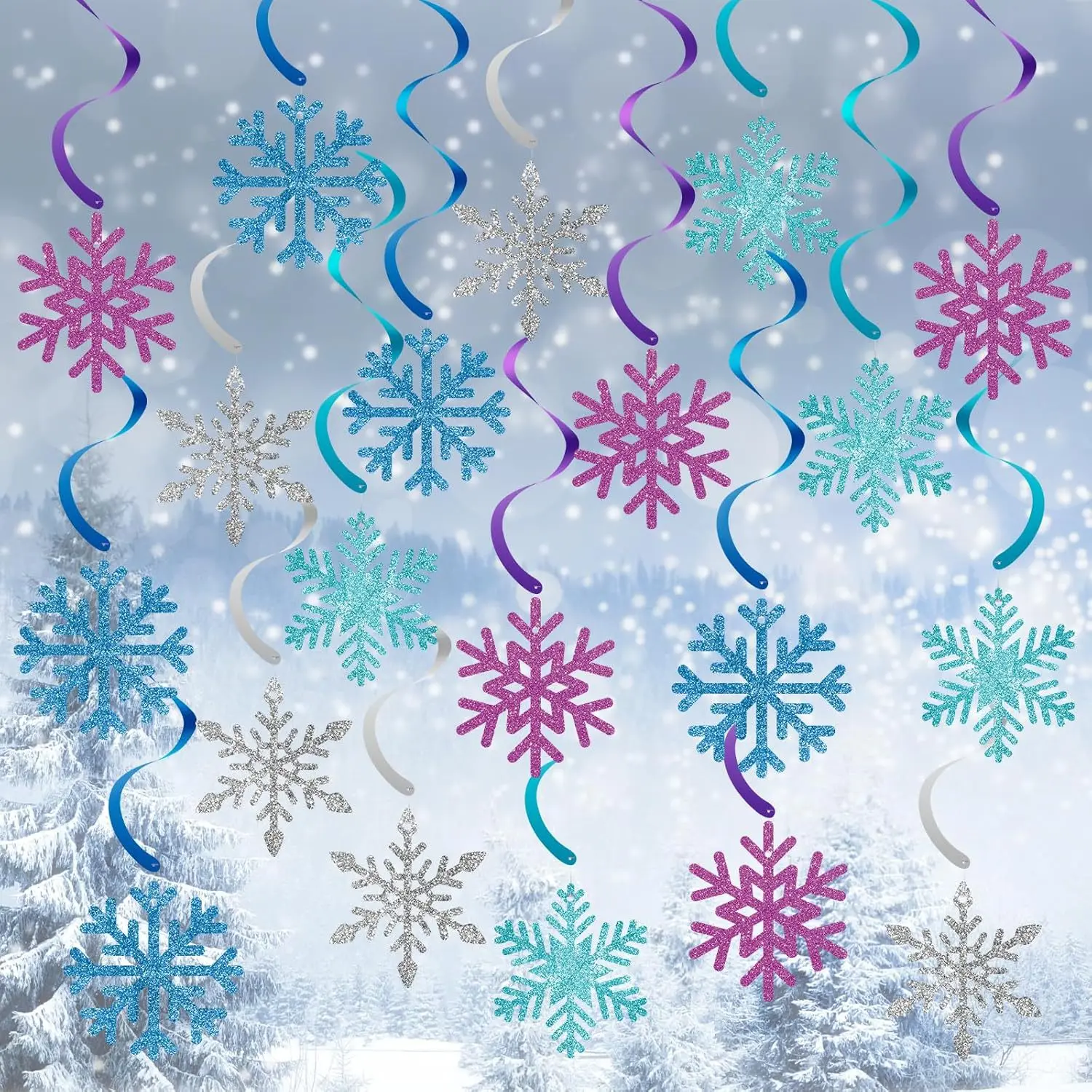 Snowflake Hanging Decorations Birthday Flag Christmas Snowflake Hanging String Winter Carnival Ice Snow Theme Party Background
