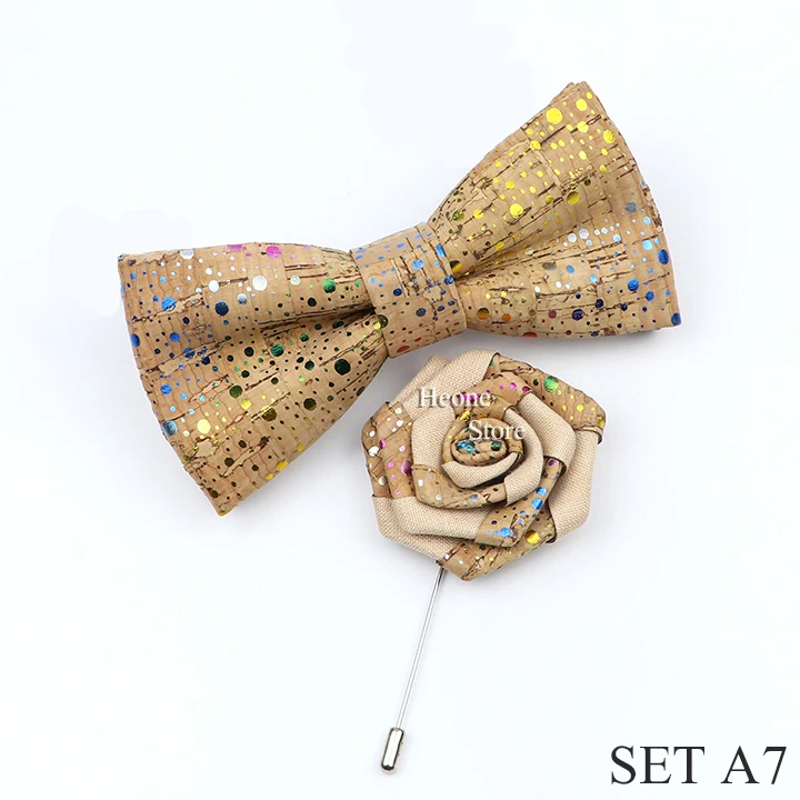 New Cork Wood Bow Tie Set Men's Novelty Handmade Floral Solid Color Bowtie Brooch For Groom Wedding Party Retro Suit Accessories