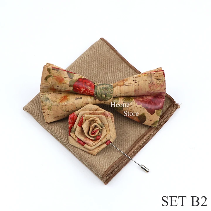 New Cork Wood Bow Tie Set Men's Novelty Handmade Floral Solid Color Bowtie Brooch For Groom Wedding Party Retro Suit Accessories