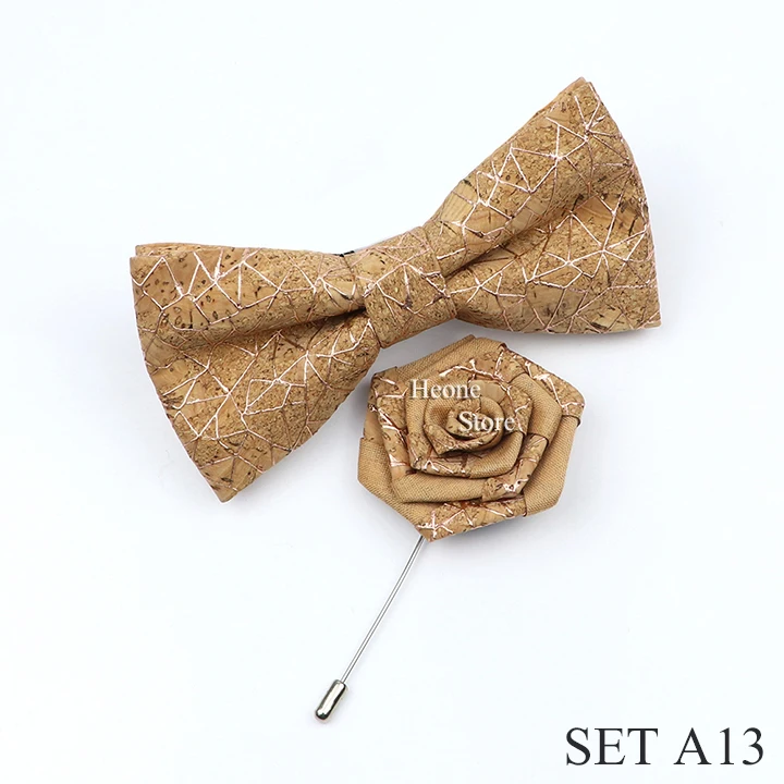 New Cork Wood Bow Tie Set Men's Novelty Handmade Floral Solid Color Bowtie Brooch For Groom Wedding Party Retro Suit Accessories