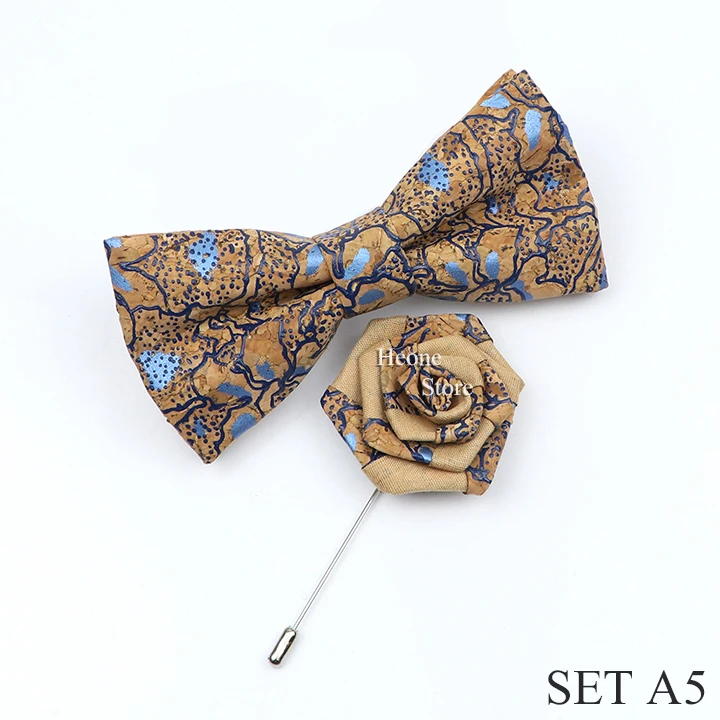 New Cork Wood Bow Tie Set Men's Novelty Handmade Floral Solid Color Bowtie Brooch For Groom Wedding Party Retro Suit Accessories