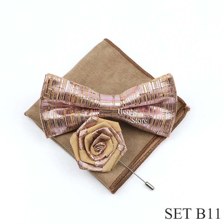 New Cork Wood Bow Tie Set Men's Novelty Handmade Floral Solid Color Bowtie Brooch For Groom Wedding Party Retro Suit Accessories