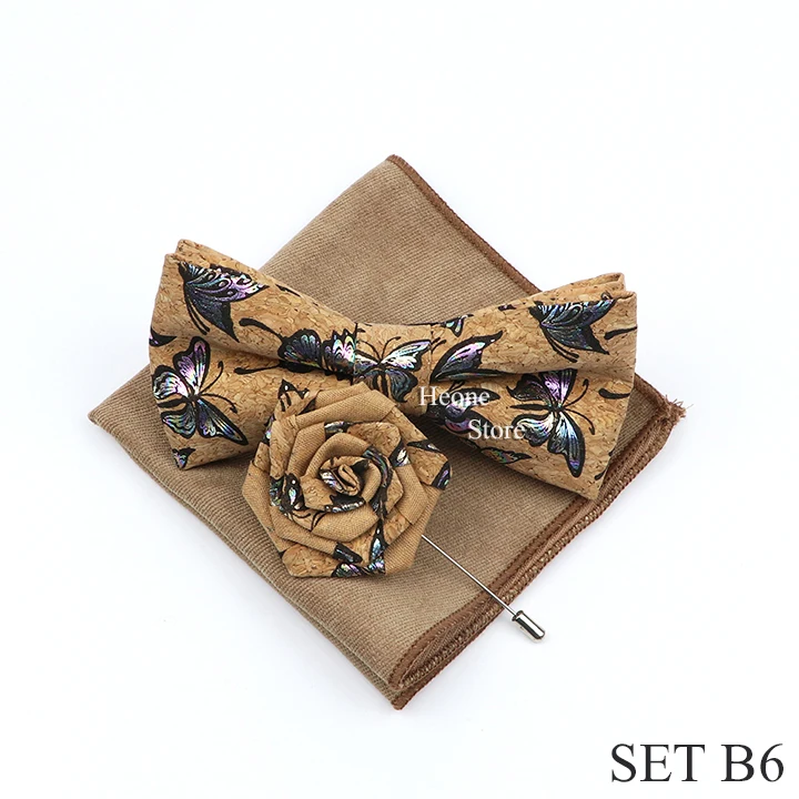 New Cork Wood Bow Tie Set Men's Novelty Handmade Floral Solid Color Bowtie Brooch For Groom Wedding Party Retro Suit Accessories