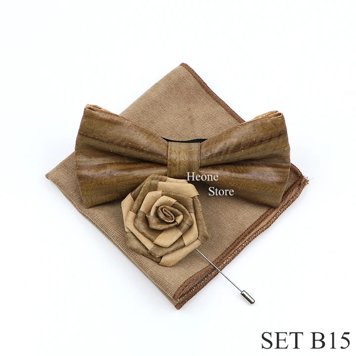 New Cork Wood Bow Tie Set Men's Novelty Handmade Floral Solid Color Bowtie Brooch For Groom Wedding Party Retro Suit Accessories