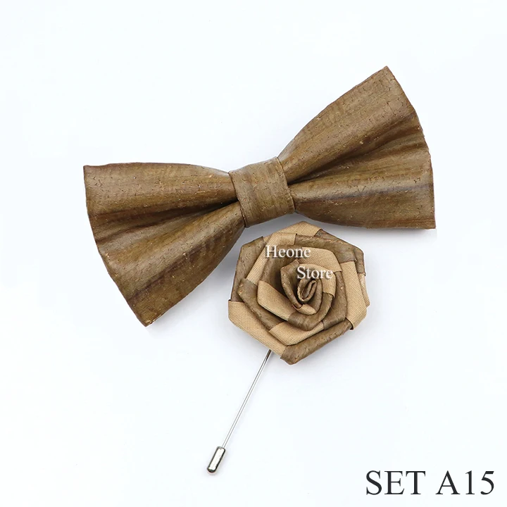 New Cork Wood Bow Tie Set Men's Novelty Handmade Floral Solid Color Bowtie Brooch For Groom Wedding Party Retro Suit Accessories