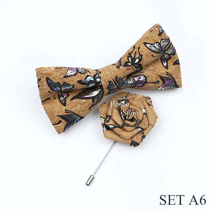 New Cork Wood Bow Tie Set Men's Novelty Handmade Floral Solid Color Bowtie Brooch For Groom Wedding Party Retro Suit Accessories