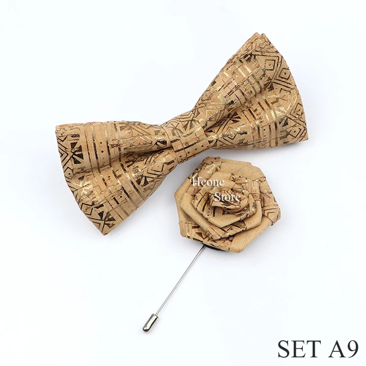 New Cork Wood Bow Tie Set Men's Novelty Handmade Floral Solid Color Bowtie Brooch For Groom Wedding Party Retro Suit Accessories
