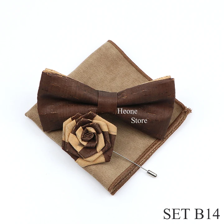 New Cork Wood Bow Tie Set Men's Novelty Handmade Floral Solid Color Bowtie Brooch For Groom Wedding Party Retro Suit Accessories