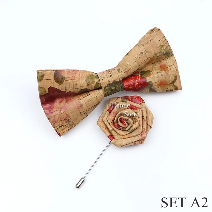 New Cork Wood Bow Tie Set Men's Novelty Handmade Floral Solid Color Bowtie Brooch For Groom Wedding Party Retro Suit Accessories